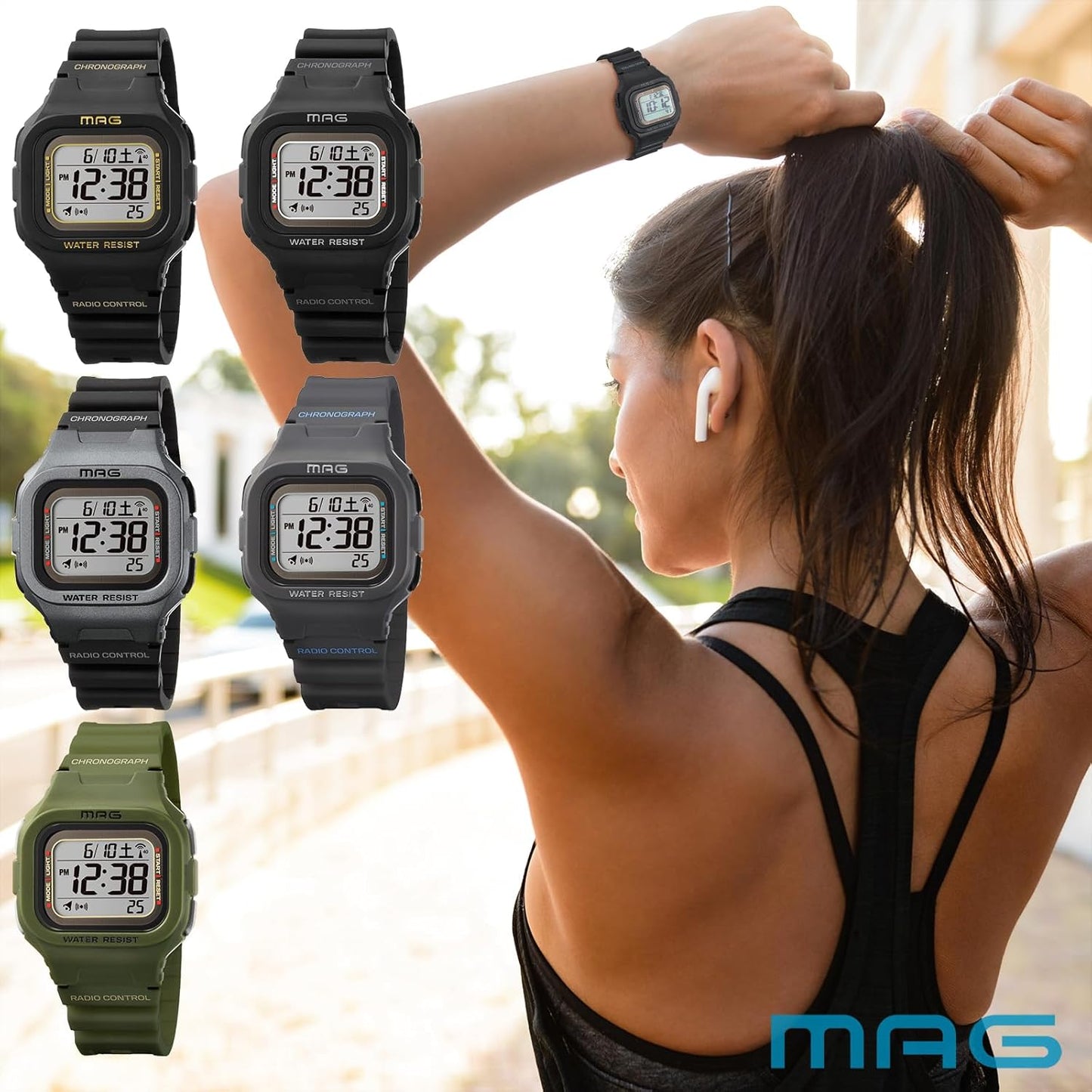 MAG MW-550A BK Digital Wristwatch, Radio, Solar, Dual Power, Waterproof, Urethane Strap, Slightly Smaller, For Kids
