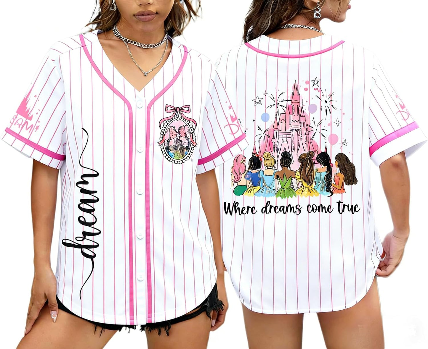 Camisetas de béisbol de princesa mágica para mujer, camiseta de jersey de princesa, camiseta de manga corta con botones y castillo mágico