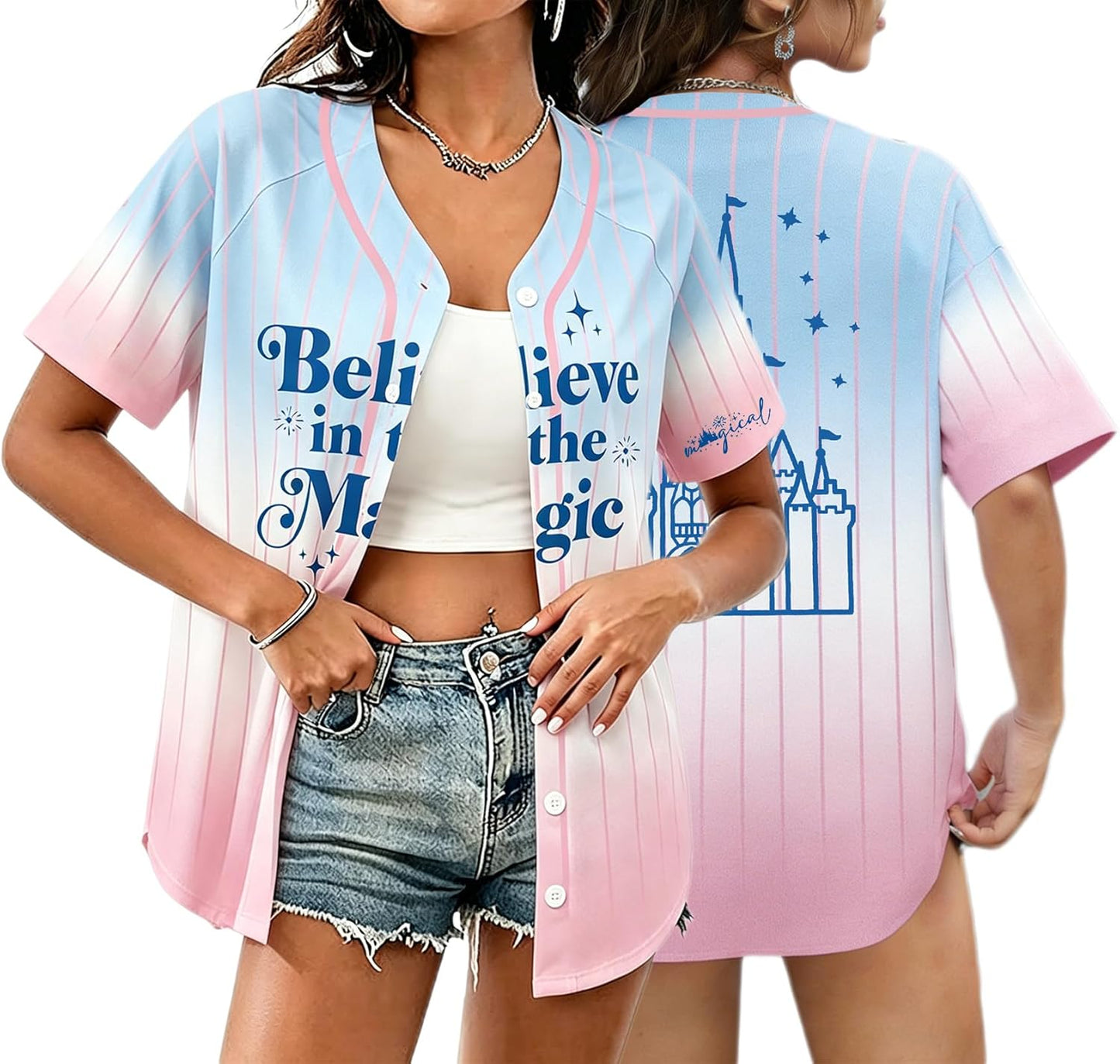 Camisetas de béisbol mágicas para mujer, camisa de jersey de princesa para niñas, camisa de manga corta con botones