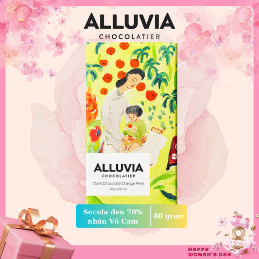 Pure dark chocolate Alluvia cocoa 70% filled with bitter orange peel and slightly sweet Alluvia, Alluvia Dark chocolate Orange Peel