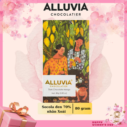 Pure dark chocolate Alluvia cocoa 70% filled with bitter, slightly sweet Mango, Alluvia Dark chocolate Mango