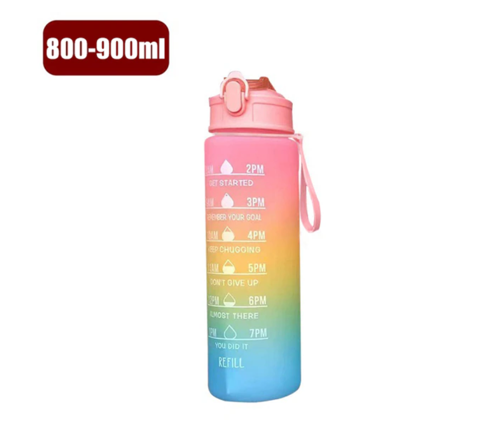 ポータブルウォーターボトル,900ml,動機付けのウォーターボトル,時間マーカー付き,漏れ防止,アウトドアスポーツ用,Bpaフリー