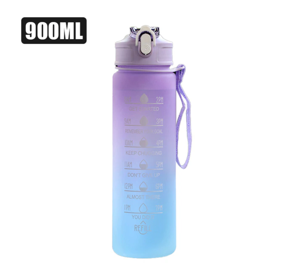 ポータブルウォーターボトル,900ml,動機付けのウォーターボトル,時間マーカー付き,漏れ防止,アウトドアスポーツ用,Bpaフリー