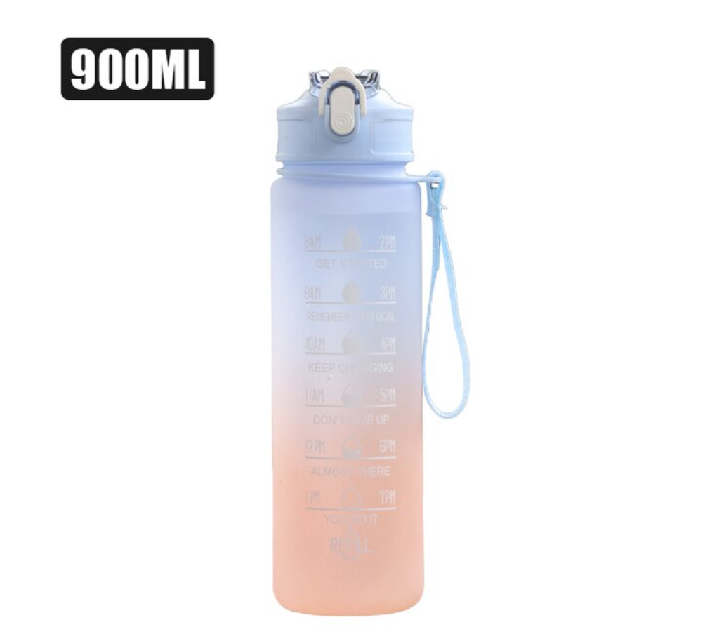 ポータブルウォーターボトル,900ml,動機付けのウォーターボトル,時間マーカー付き,漏れ防止,アウトドアスポーツ用,Bpaフリー