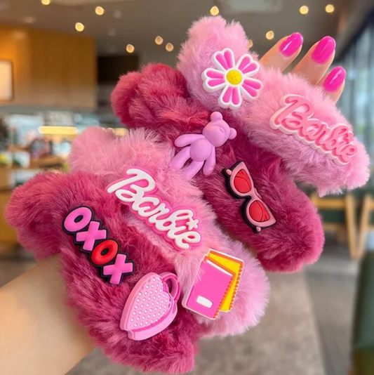 Miniso Barbie 4-pcs Plush Rose Pink Cute Little Bear Hair Ring Korean Sweet Spicy Y2K Girls Thickened Hair Rope Headwear