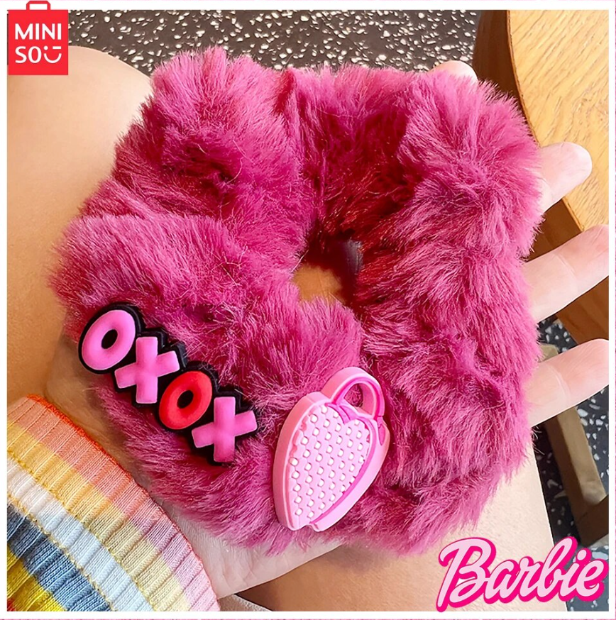Miniso Barbie 4-pcs Plush Rose Pink Cute Little Bear Hair Ring Korean Sweet Spicy Y2K Girls Thickened Hair Rope Headwear