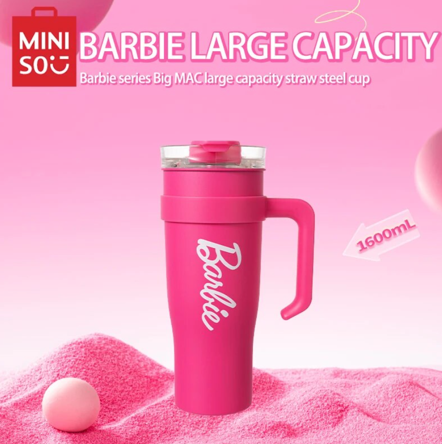 MINISO Barbie Series Big Mac Large Capacity Straw Steel Cup Kawaii Pink Decoration Children Girls Birthday Gift Anime Peripheral