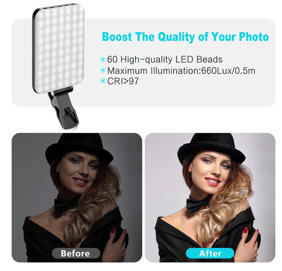 Minifocus Selfie Light, 60 LED 2200mAh Rechargeable Cell Phone Fill Light 7 Modes, 10-Level Brightness, Portable Clip on Light