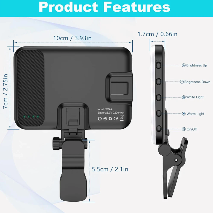 Minifocus Selfie Light, 60 LED 2200mAh Rechargeable Cell Phone Fill Light 7 Modes, 10-Level Brightness, Portable Clip on Light