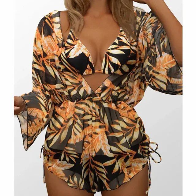 2024 New Summer Women Sexy 3 Pieces Suit Floral Print Swimwear Drawstring Beachwear Holiday Bikini Set+Bodysuit Overall Swimsuit