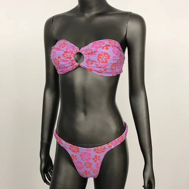 2024 Sexy Bathing Suit Women Beach Swimsuit Summer Bikini Stylish Bandeau Ring Printed Steel Strap Briefs New Push Up Bikini