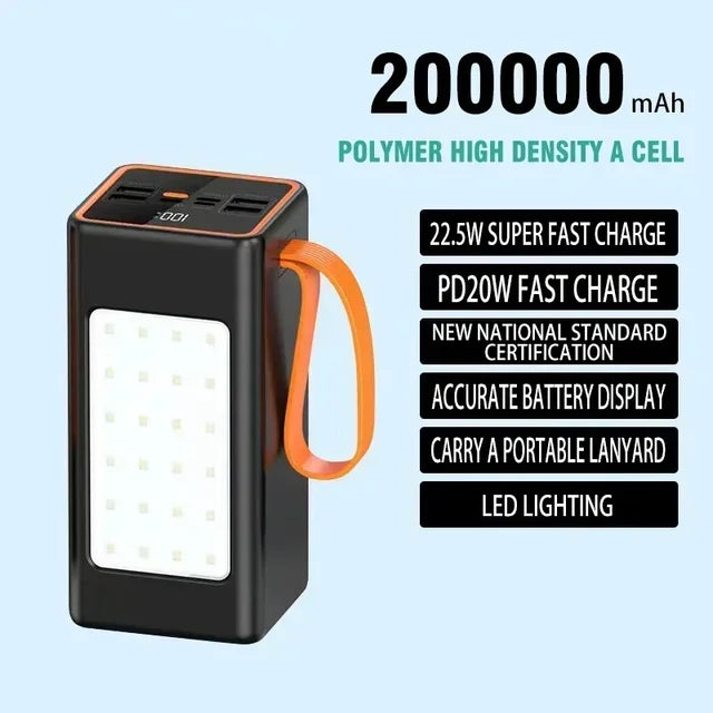 Power Bank 200000mAh High Capacity 66W Fast Charger Waterproof Rechargeable Battery For Mobile Phone Computer Camping LED Light