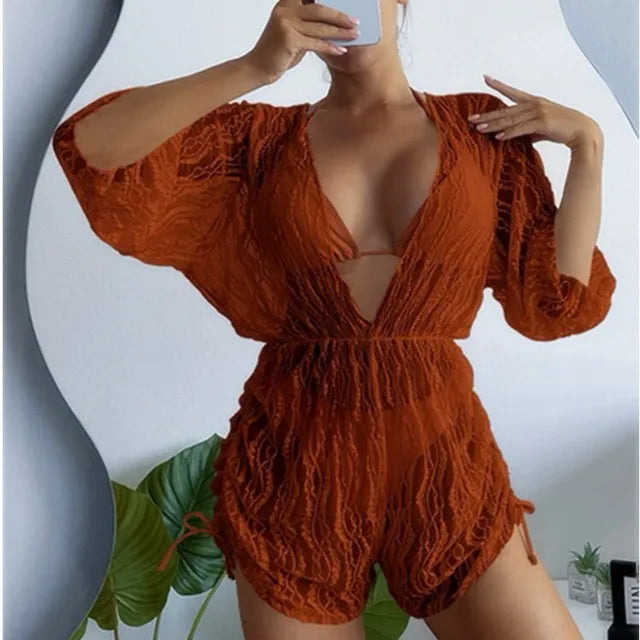 2024 New Summer Women Sexy 3 Pieces Suit Floral Print Swimwear Drawstring Beachwear Holiday Bikini Set+Bodysuit Overall Swimsuit