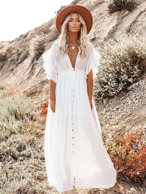 2024 Crochet White Knitted Beach Cover Up Dress Tunic Long Pareos Bikinis Cover Ups Swim Cover Up Robe Plage Beachwear