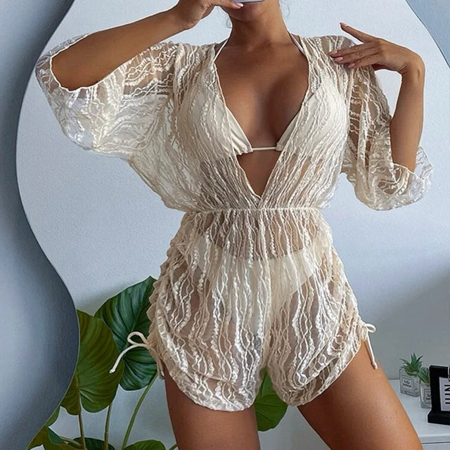 2024 New Summer Women Sexy 3 Pieces Suit Floral Print Swimwear Drawstring Beachwear Holiday Bikini Set+Bodysuit Overall Swimsuit