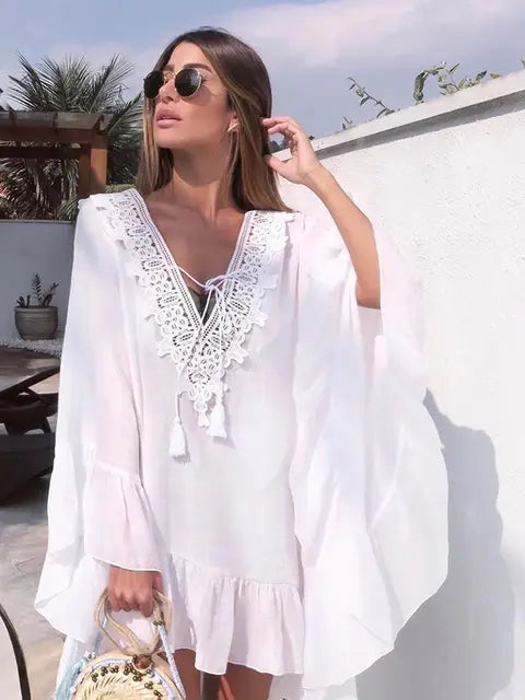 2024 Crochet White Knitted Beach Cover Up Dress Tunic Long Pareos Bikinis Cover Ups Swim Cover Up Robe Plage Beachwear