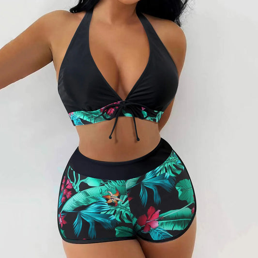 Tropical Print Bikinis Women Two Piece Swimsuit Ladies Shorts Halter Two Piece Swimwears Tankinis Set Summer Beach Wear Swimming