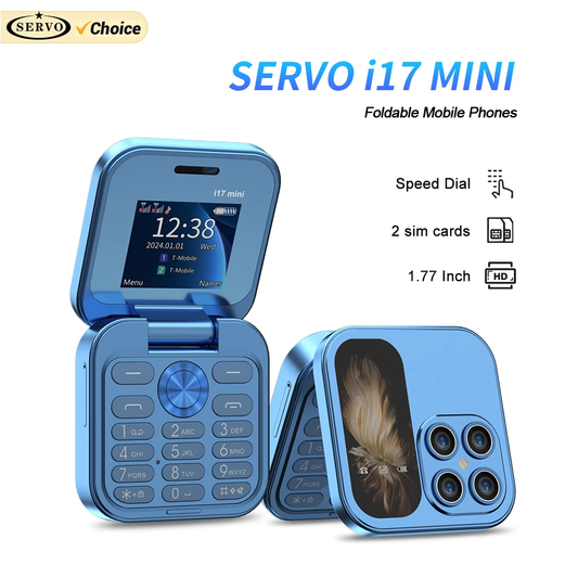 SERVO i17 Mini Dual SIM Card Fold Mobile Phone 2G Network Video Player Flashlight FM Radio Magic Voice Small Box Flip Cellphones