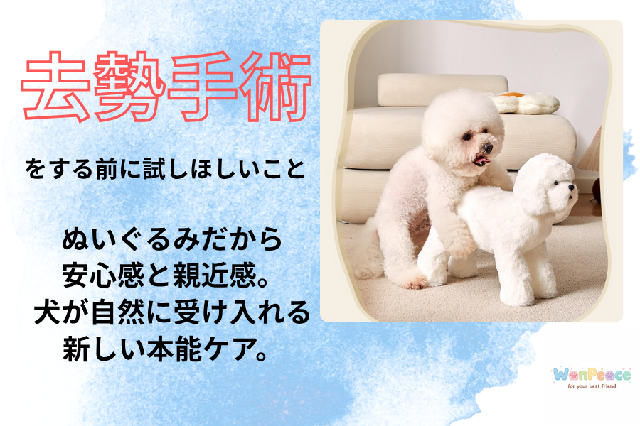 「ごめんね」を「ありがとう」に。愛犬のストレスを優しく受け止める、安心のパートナーぬいぐるみ【WanPeace】
📢 はじめに：なぜ、私たちは「犬猫用のオナホール」を開発したのか。
私たちの愛する家族であるワンちゃん。いつも私たちに癒やしと喜びを与えてくれます。しかし、親しい友人の愛犬（トイプードル）が、去勢手術を終えた後でも頻繁に腰を振り、興奮している姿を見たとき、「どうしてあげたらいいのだろう」という疑問と、胸の痛みを感じました。

人間にはストレスを緩和するための選択肢がありますが、「そういえば、犬や猫には、本能的な欲求を健全に解消できるアイテムがない」という事実に気づいたのです。

これは、多くの飼い主様が長年抱えてきた、しかしなかなか公には話しにくい、切実な問題です。私たちは、犬の本能を否定せず、受け止めながら、犬と飼い主様が共に穏やかに暮らせる「第三の選択肢」として、この**ぬいぐるみ型オナホール【WanPeace（ワンピース）】**を開発しました。

愛犬との生活に、穏やかな「WanPeace＝平和」を取り戻しませんか。

🧸 WanPeaceが実現する、「WanPeace＝犬の平和」な暮ら