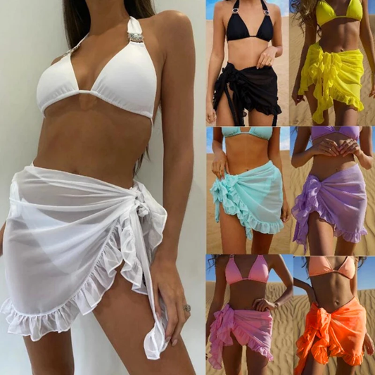 New Women Swimsuit Bikini Cover-up Skirt Summer Solid Color Beach Wrap Skirt Swimwear Female Ruffle Trim Lace Up Sarong Cover Up