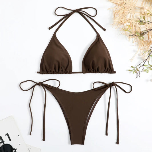 Sexy Women Thong Solid Color Bikini Set Side Halter Tie Swimsuit Ladies Split Strap Adjustable Brazilian Swimwear Beachwear