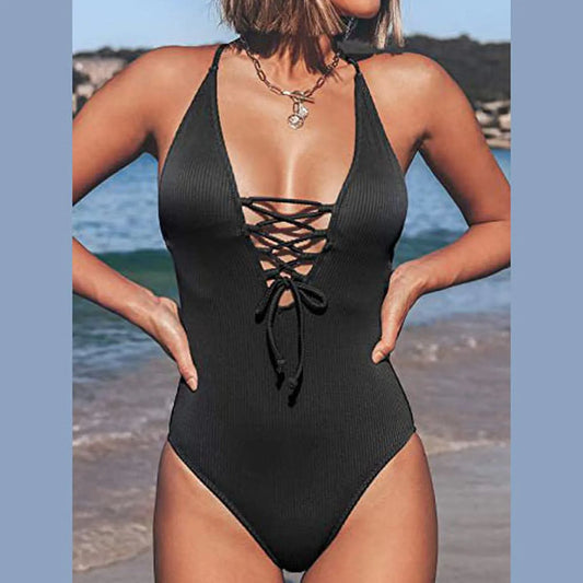 One-Piece Tight Bikini Sexy Solid Color Backless Strap Beachwear High Elastic Women'S One-Piece Swimsuit Ropa De BañO Para Mujer