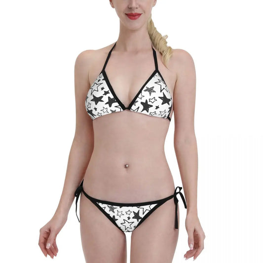 Black White Five Pointed Star Swimsuit Women Bikini Push Up Sexy Bodysuit Beachwear Set Thong Bathing Suit One Size