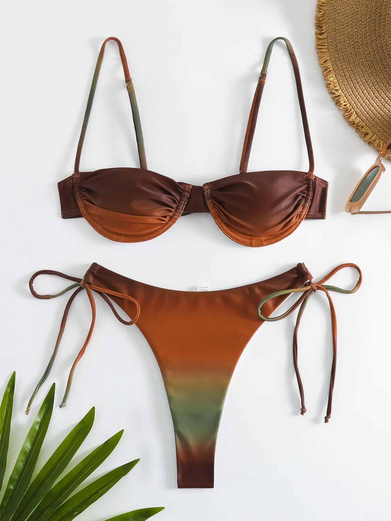 Sexy Brown Gradient Bikini Set 2024 Women Pleate Push Up Padded Micro Swimsuit Brazilian Bathing Suit Tie Side Thong Swimwear