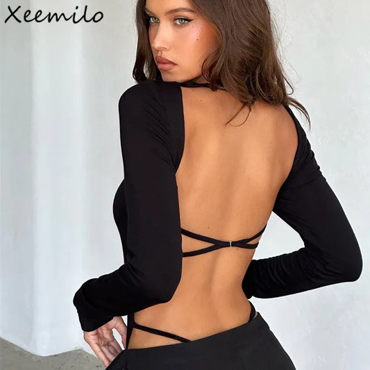 Xeemilo Sexy Lingerie Solid Backless Bodysuit Y2K Square-neck Long Sleeve Bodycon Bodices Fantasy Autumn Night Club Bodysuits