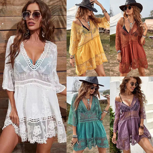 WeHello Women's Deep V Neck Boho Beach Outing Sheer Sexy Lace Cover Up Tunic Pareo Swimwear Summer Beach Dress Short Holiday