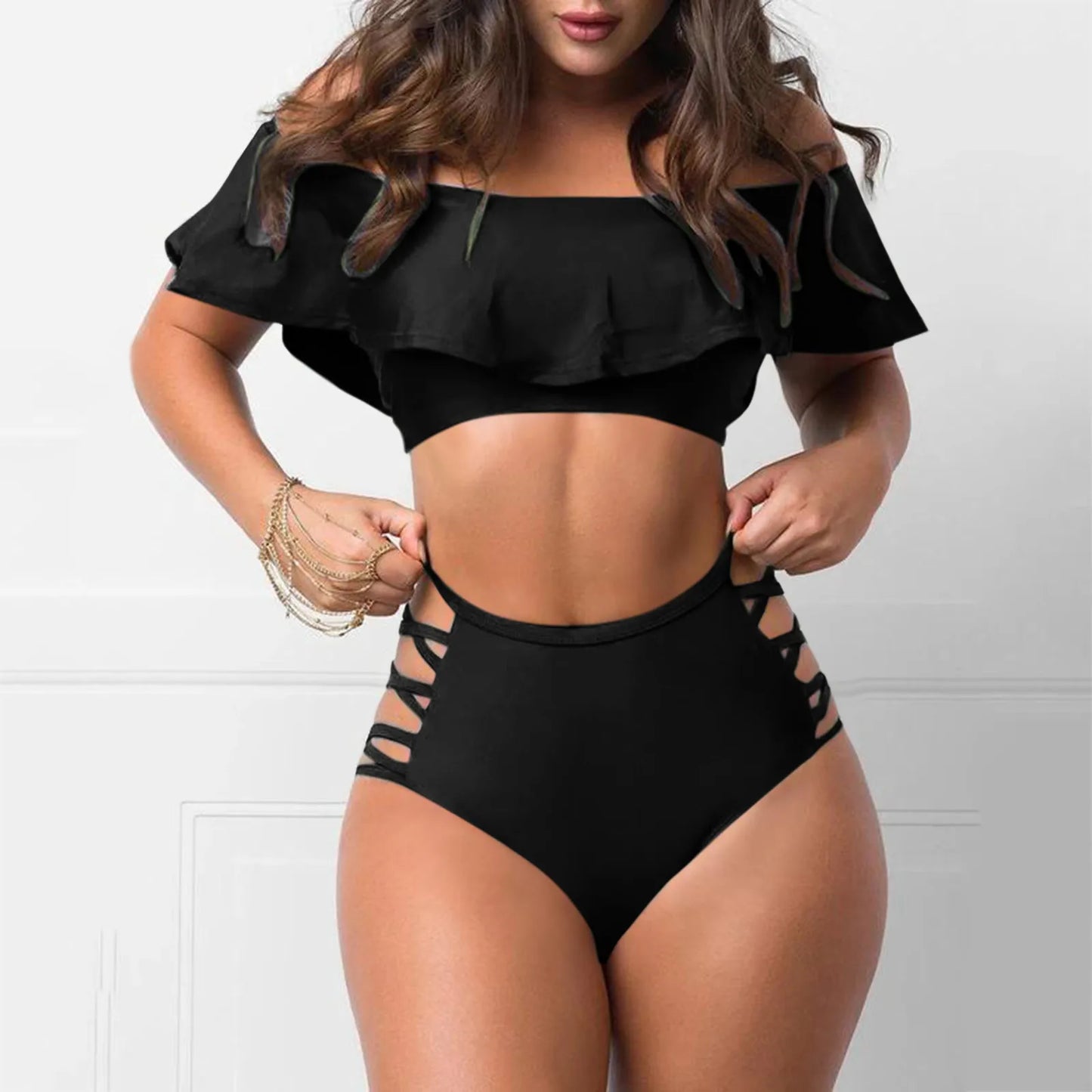 Sexy Ruffled Off Shoulder Bikini Sets Bandage Swimsuit Women High Waist Bandeau Push Up Swimwear Set Beach Mujer Biquini Suit