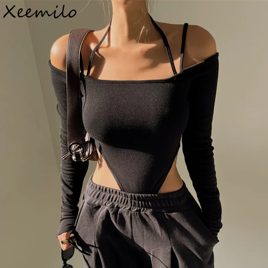 Xeemilo Sexy Off Shoulder Halter Bodysuit Aesthetic Spaghetti Straps Long Sleeve T Shirt Women Slim Fit Party Clubwear Bodysuits