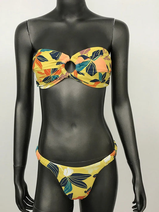 2024 Sexy Bathing Suit Women Beach Swimsuit Summer Bikini Stylish Bandeau Ring Printed Steel Strap Briefs New Push Up Bikini