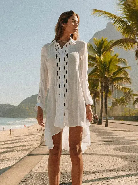 2024 Crochet White Knitted Beach Cover Up Dress Tunic Long Pareos Bikinis Cover Ups Swim Cover Up Robe Plage Beachwear