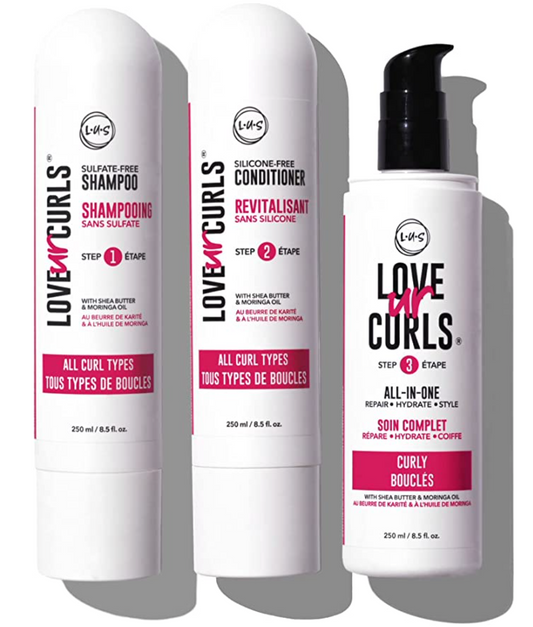 LUS Brands Love Ur Curls for Curly Hair, 3-Step System - Shampoo and Conditioner Set with All-in-One Styler - LUS Curls Hair Products - No Crunch, Nonsticky, Clean - 8.5oz each