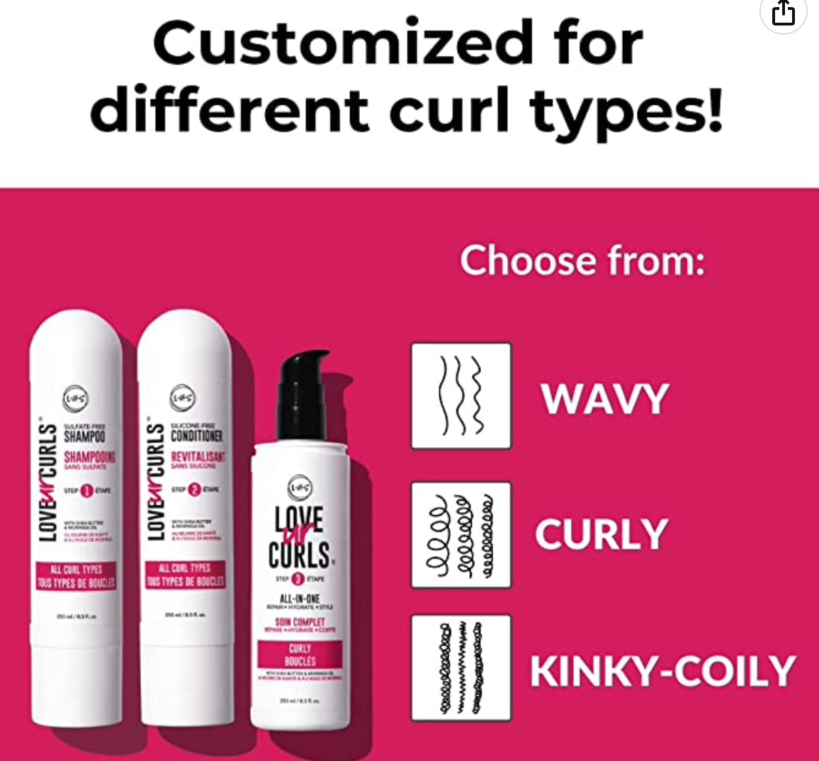 LUS Brands Love Ur Curls for Curly Hair, 3-Step System - Shampoo and Conditioner Set with All-in-One Styler - LUS Curls Hair Products - No Crunch, Nonsticky, Clean - 8.5oz each