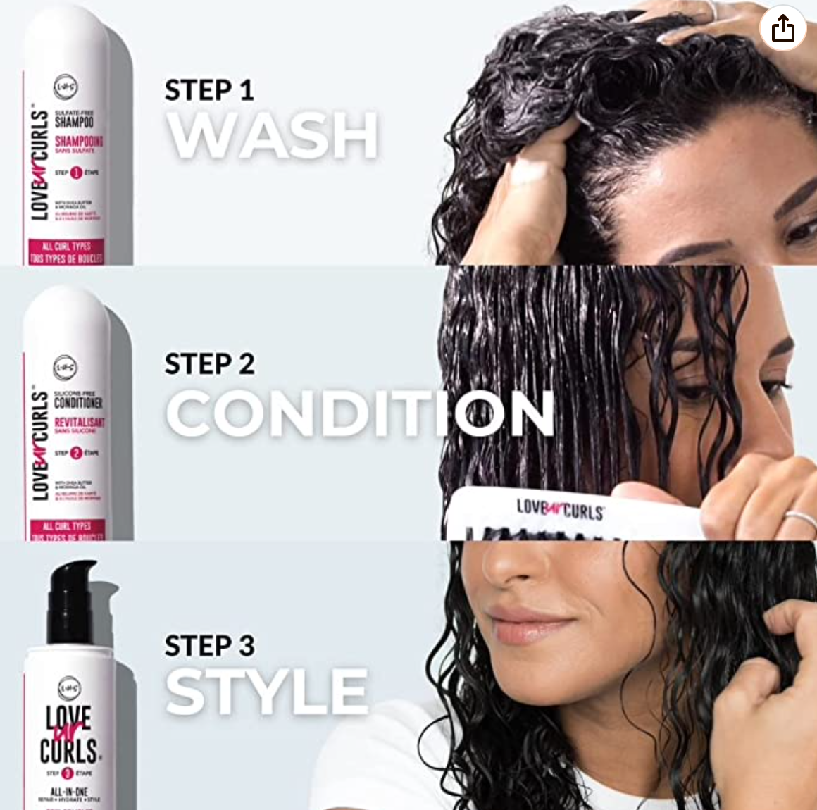 LUS Brands Love Ur Curls for Curly Hair, 3-Step System - Shampoo and Conditioner Set with All-in-One Styler - LUS Curls Hair Products - No Crunch, Nonsticky, Clean - 8.5oz each