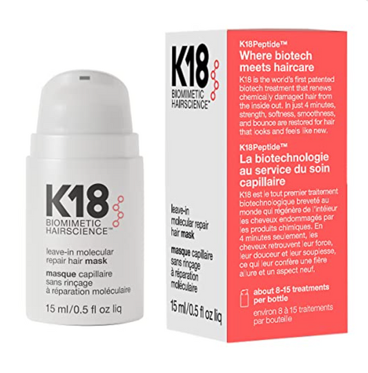 K18 Leave-In Molecular Repair Hair Mask Treatment to Repair Damaged Hair - 4 Minutes to Reverse Damage from Bleach, Color, Chemical Services, 15 ml