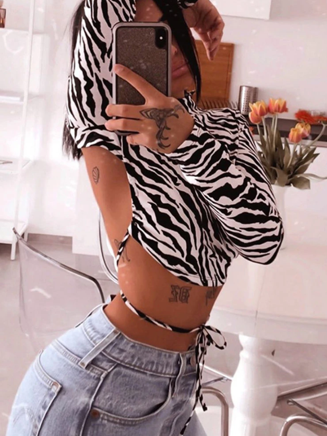 Women's long sleeve t-shirt, sexy short top with animal print, zebra print, halter top, urban fashion