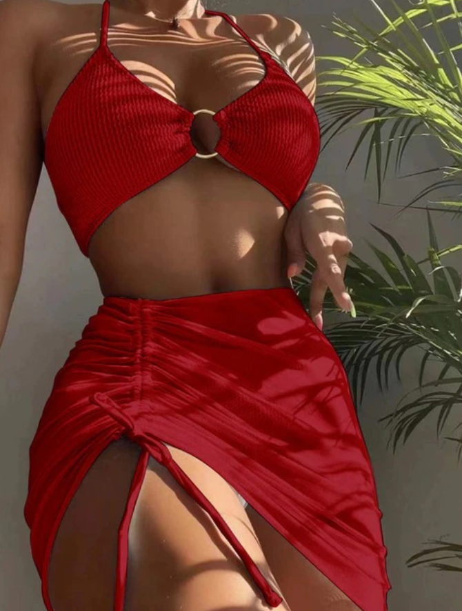 Women's Sexy 3 Piece Swimsuit for European and American Women, Split Bikini Set, Solid Color, Sexy