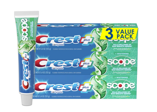Crest + Scope Complete Whitening Toothpaste - Pack of 3, 5.4 Oz Tubes - Anticavity Fluoride Toothpaste - Fresh Breath, Kills Germs - Tartar Protection, Enamel Protection - Minty Fresh Flavor