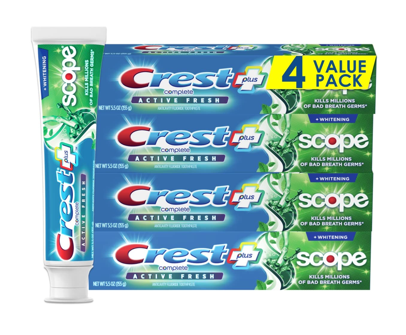 Crest Complete Active Fresh + Whitening Toothpaste, 5.5oz (Pack of 4)