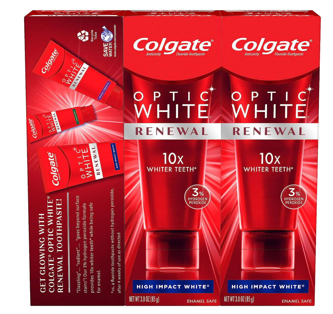 Colgate Optic White Renewal Teeth Whitening Toothpaste, High Impact White, 3 Oz Tube, 3 Pack