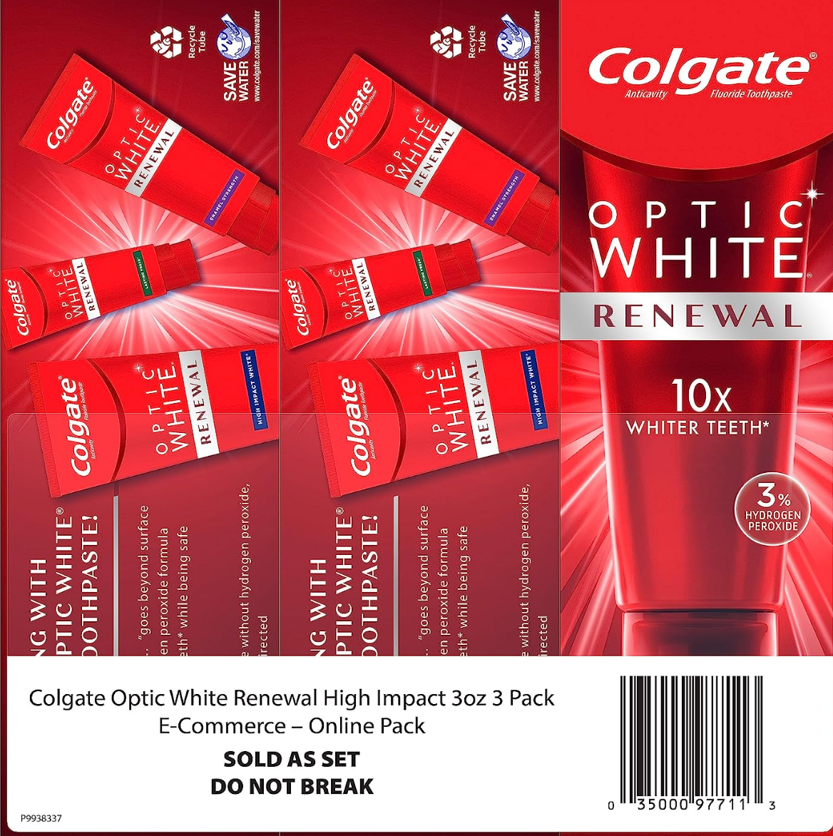 Colgate Optic White Renewal Teeth Whitening Toothpaste, High Impact White, 3 Oz Tube, 3 Pack