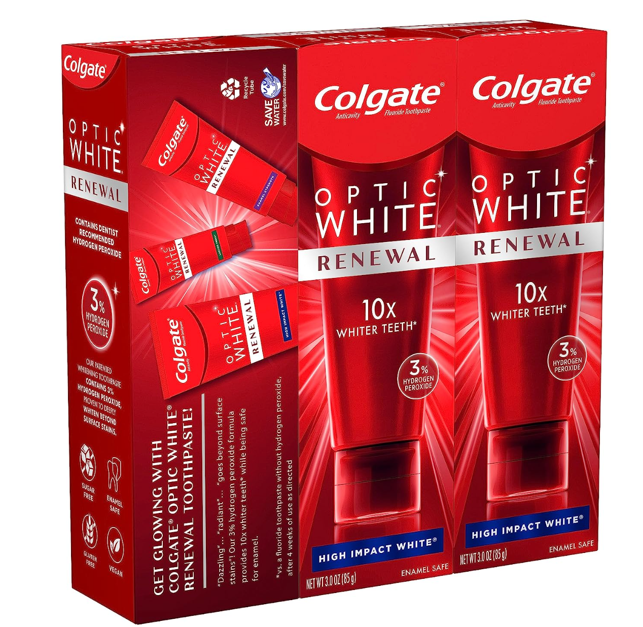 Colgate Optic White Renewal Teeth Whitening Toothpaste, High Impact White, 3 Oz Tube, 3 Pack