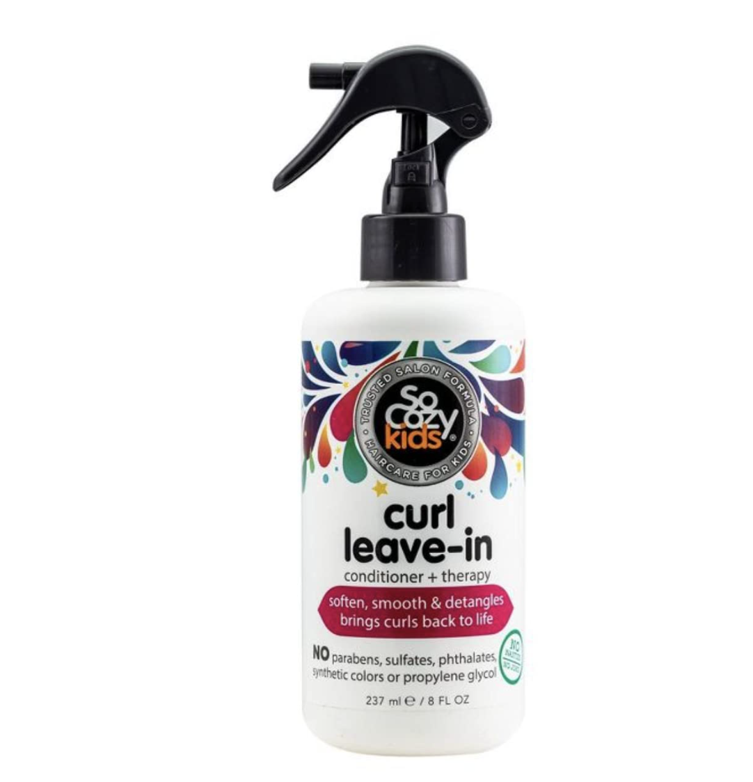 SoCozy, Curl Spray LeaveIn Conditioner For Kids Hair Detangles and Restores Curls No Parabens Sulfates Synthetic Colors or Dyes, Jojoba Oil,Olive Oil & Vitamin B5, Sweet-Pea, 8 Fl Oz