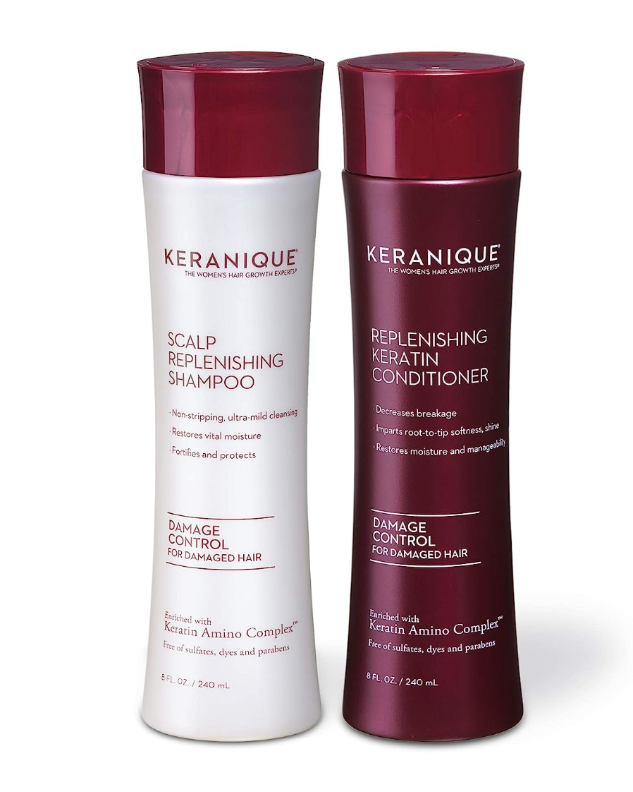 Keranique Damage Control Volumizing Shampoo and Conditioner Set for Hair Repair and Growth with Biotin and Keratin Amino Complex, Sulfate and Parabens Free, 8 fl oz ea