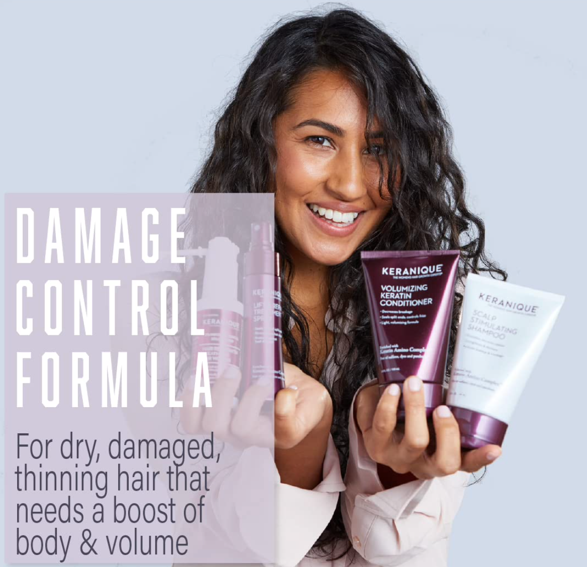 Keranique Damage Control Volumizing Shampoo and Conditioner Set for Hair Repair and Growth with Biotin and Keratin Amino Complex, Sulfate and Parabens Free, 8 fl oz ea