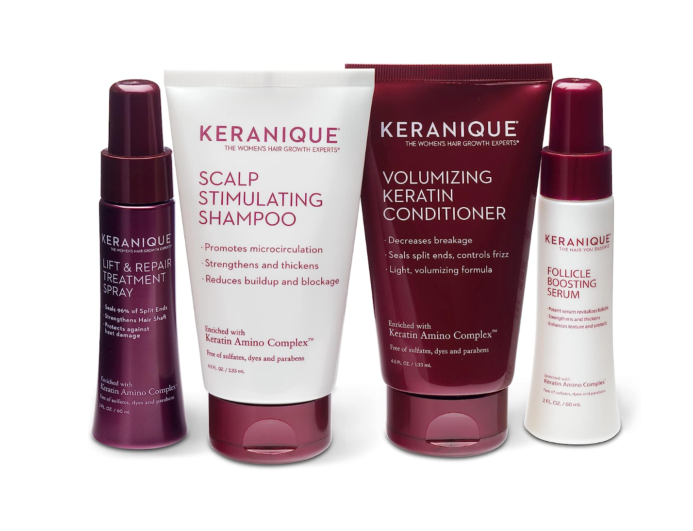 Volumizing Hair Growth System by Keranique includes Keratin Shampoo, Conditioner, Follicle Boosting Hair Growth Serum and Instant Volume Lift and Repair Treatment Spray Paraben Sulfate Free