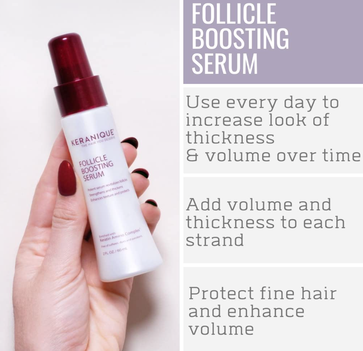 Volumizing Hair Growth System by Keranique includes Keratin Shampoo, Conditioner, Follicle Boosting Hair Growth Serum and Instant Volume Lift and Repair Treatment Spray Paraben Sulfate Free